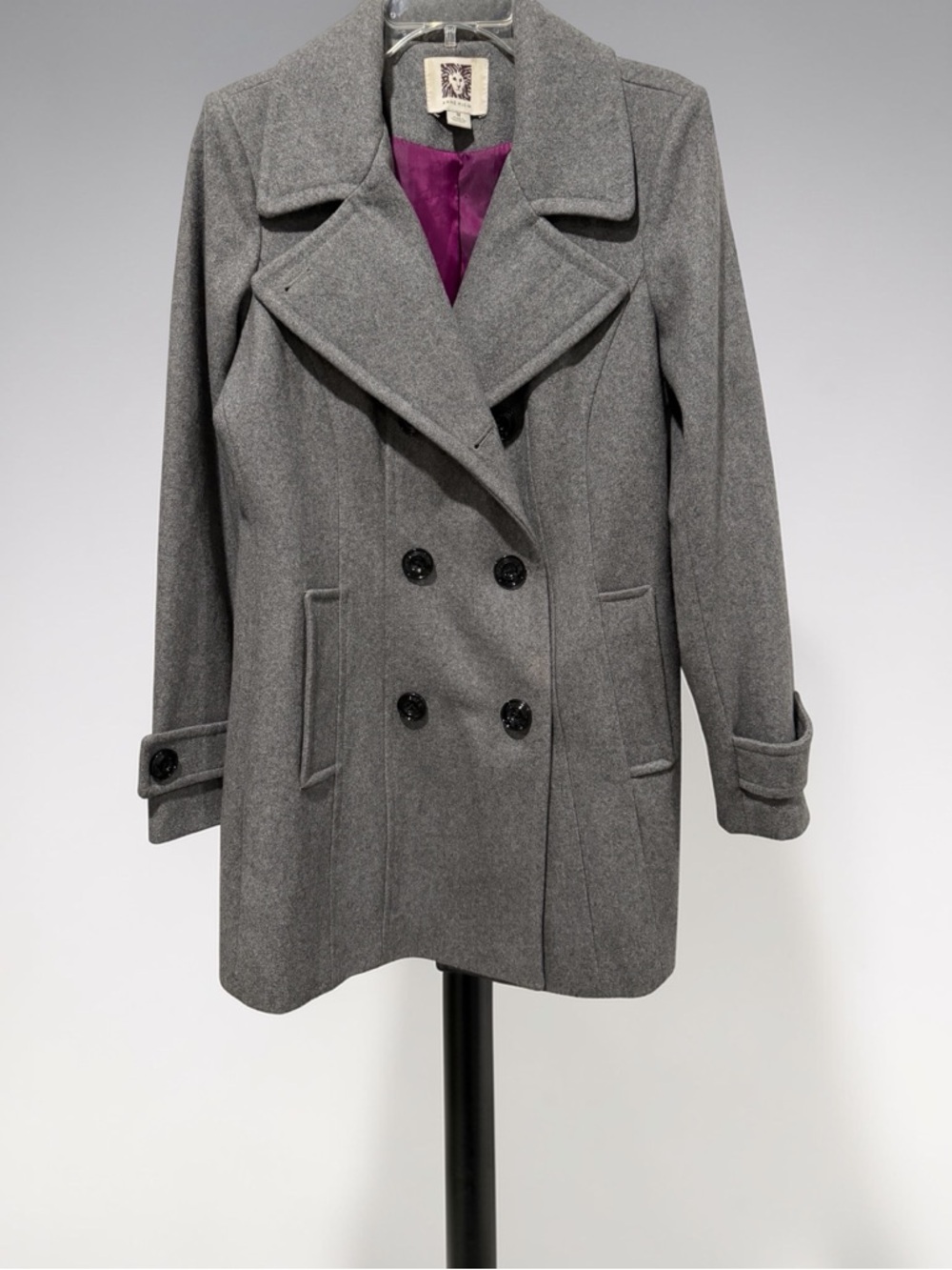 Anne Klein Gray Double-Breasted Peacoat with Notched Lapels